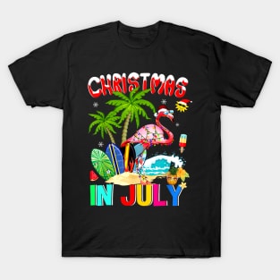 Christmas in July Pink Flamingo Funny Xmas Men Women Kids T-Shirt